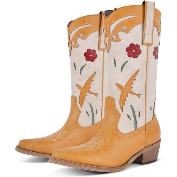⚡Women's Floral Embroidered Western Two-Tone Cowgirl Boots Pointed Toe Mid Calf - Picture 1 of 6